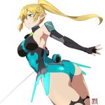  1girl aqua_armor aqua_leotard armor armpit_peek ass ass_focus bare_shoulders black_leotard blonde_hair braid braided_sidelocks breasts check_clothing clothing_request commentary_request cowboy_shot detached_sleeves double-parted_bangs dutch_angle elbow_gloves fake_tail fingerless_gloves from_side frown gloves green_eyes grey_armor grey_sleeves hair_between_eyes high_ponytail highleg highleg_leotard large_breasts leafa_(sao) leotard long_hair looking_at_viewer multicolored_leotard official_alternate_costume pauldrons pointy_ears ponytail puge shiny_clothes shiny_leotard shoulder_armor sideboob signature simple_background solo standing sword_art_online sword_art_online:_fractured_daydream tail thick_thighs thighs turtleneck turtleneck_leotard twin_braids two-tone_armor two-tone_leotard white_background 