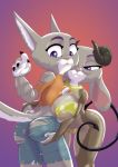  2019 akiric anthro asymmetrical_breast_frottage big_breasts bottomwear breast_squish breasts breasts_frottage butt butt_grab canid canine claws clothed clothing costume demon disney duo fan_character female gradient_background hand_on_butt hi_res horn huge_breasts jeans judy_hopps juggy_topps lagomorph leporid mammal nipple_outline pants purple_background purple_eyes rabbit shirt simple_background squish t-shirt topwear torn_clothing were werecanid werecanine werewolf zootopia 