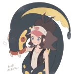  1girl baseball_cap black_vest blue_eyes blush brown_hair closed_eyes closed_mouth collarbone eel eelektross fangs fish hat heart high_ponytail hilda_(pokemon) hime_(himetya105) lamprey long_hair open_clothes open_vest poke_ball_print pokemon pokemon_(creature) pokemon_bw ponytail shirt sidelocks smile vest white_shirt 