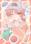  1boy baseball_cap black_eyes blush bright_pupils brown_hair character_name commentary_request dark-skinned_male dark_skin grey_hat grin hat hector_(omori) highres hood hood_down hoodie kel_(birthday)_(omori) kel_(faraway)_(omori) kel_(omori) long_sleeves looking_at_viewer low_ponytail mimi_utlove omori one_eye_closed open_mouth orange_hoodie orange_joe_(omori) ponytail short_ponytail smile solo teeth upper_body white_pupils 