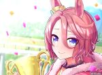 1girl animal_ears blue_eyes blush brown_hair closed_mouth collarbone commentary_request confetti fur-trimmed_jacket fur_trim hair_between_eyes highres holding holding_trophy horse_ears horse_girl jacket looking_at_viewer narita_taishin_(nevertheless)_(umamusume) narita_taishin_(umamusume) pink_jacket shirt short_hair smile solo torinosukei trophy umamusume yellow_shirt 