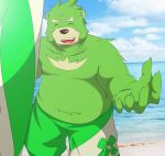  2013 anthro beach belly clothing eyes_closed fur green_body green_fur humanoid_hands kougyou male mammal moobs overweight overweight_male seaside solo surfboard swimwear ursid water 