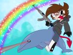 ak-47 ak_platform ambiguous_gender aquatic assault_rifle bottlenose_dolphin cetacean claws demon demon_humanoid different_sized_pupils dolphin fangs feral gun hi_res humanoid lazer_eyes mammal oceanic_dolphin rainbow ranged_weapon rifle spade_tail sparkles stitch_(sewing) tail teeth toothed_whale v3sterp0nk weapon yellow_teeth