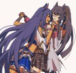  2girls animal_ears bandaid bandaid_on_face bandaid_on_nose bandeau belt black_hair blue_bandeau blush breasts brown_belt chest_sarashi closed_eyes coat dark-skinned_female dark_skin ear_scrunchie fang fingerless_gloves fur_choker gloves hair_between_eyes hair_ornament hairclip highres hishi_amazon_(azure_amazon)_(umamusume) hishi_amazon_(umamusume) holding_hands horse_ears horse_girl horse_tail hwipa_(param_blue) jacket long_hair long_sleeves looking_at_another midriff multiple_girls narita_brian_(maverick)_(umamusume) narita_brian_(umamusume) open_clothes open_coat open_mouth parted_lips pink_gloves plaid_clothes plaid_skirt ponytail red_scrunchie rope sarashi scrunchie shimenawa simple_background single_sleeve skirt smile striped_clothes striped_scrunchie tail thighhighs torn_clothes torn_coat two-tone_bandeau two-tone_shirt two-tone_skirt umamusume very_long_hair white_coat white_skirt yellow_eyes 