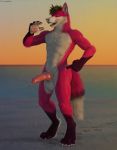  2019 4_toes 5_fingers animal_genitalia animal_penis anthro balls beach canid canine canine_penis erection fingers fox fur hair hi_res kizz knot looking_at_viewer male mammal muscular nude open_mouth penis pink_body pink_fur realistic seaside simple_background smile solo standing toes tongue tongue_out vein veiny_penis virtyalfobo 