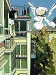  2girls angel angel_wings apartment black_hair blue_sky building city closed_eyes confetti dress flying from_side halo leaning_out_of_window looking_at_another medium_hair multiple_girls original outdoors profile shirt short_sleeves sky sleeves_past_fingers sleeves_past_wrists tiantokot traditional_halo tree white_dress white_hair white_shirt wings 