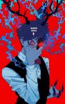  1boy alastor_(hazbin_hotel) alastor_(human)_(hazbin_hotel) angry animal_ears antlers aura black_vest bloodshot_eyes claws colored_extremities copyright_name corruption deer_ears glasses hashtag-only_commentary hazbin_hotel hellaverse highres horns long_sleeves looking_at_viewer male_focus neg_50asu red_background red_eyes shirt single_animal_ear solo transformation upper_body vest white_shirt 
