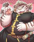  2019 anthro belly blue_eyes bulge clothed clothing eden0130 erection erection_under_clothing eyewear felid fur glasses humanoid_hands licho_(tas) male mammal one_eye_closed overweight overweight_male pantherine solo tiger tokyo_afterschool_summoners video_games white_body white_fur wink 