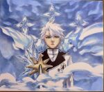  1boy absurdres bleach bleach:_sennen_kessen-hen coat commentary daiguren_hyourinmaru_(bankai) fog green_eyes highres hitsugaya_toushirou ice ice_wings male_focus marker_(medium) monster_art_(rlawnsgr7) solo sword traditional_media upper_body wandenreich_uniform weapon white_coat white_hair wings zanpakutou 