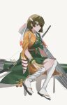  1girl bow_(weapon) breasts brown_eyes brown_gloves brown_hair commentary_request flight_deck gloves green_hakama green_kimono hakama headband highres hiryuu_(kancolle) hiryuu_kai_san_(kancolle) japanese_clothes kantai_collection kimono large_breasts ningfeng233 orange_kimono partially_fingerless_gloves rigging short_hair sitting solo tasuki thighhighs two-tone_kimono weapon white_headband white_thighhighs wide_sleeves yugake yumi_(bow) 