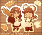  1boy 1girl apron biscuit_(omori) brother_and_sister brown_hair brown_pants brown_skirt brown_socks chibi chibi_only closed_mouth collared_shirt commentary dark-skinned_female dark-skinned_male dark_skin doughie_(omori) english_commentary english_text highres holding_rolling_pin long_hair looking_at_viewer neckerchief neko_a_0628 omori pants parted_lips pleated_skirt red_neckerchief rolling_pin shirt short_hair short_sleeves siblings sidelocks skirt socks white_apron yellow_eyes 