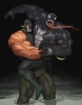  2017 abs alien bane_(dc) bear_hug biceps big_muscles bodily_fluids boots bottomwear clothed clothing dc_comics duo fight fingerless_gloves footwear gloves handwear hi_res human male mammal marvel mask muscular muscular_male open_mouth pecs saliva standing symbiote tongue tongue_out topwear traver009 veiny_muscles venom_(marvel) 
