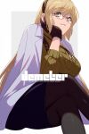  1girl black_gloves black_skirt blonde_hair breasts brown_pantyhose brown_sweater character_name chest_harness coat coat_on_shoulders crossed_legs demeter_(second_ascension)_(fate) echo_(circa) fate/grand_order fate_(series) glasses gloves hairband harness large_breasts long_hair long_sleeves looking_at_viewer pantyhose pencil_skirt sitting skirt smile solo sweater turtleneck turtleneck_sweater white_coat yellow_eyes 