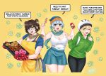  3girls absurdres apron aqua_scarf aqua_skirt bicycle_helmet blonde_hair blue_hair breasts brown_eyes brown_hair can convenience_store curvy finnish_text food glasses gradient_hair green_eyes green_hoodie hair_between_eyes helmet highres holding holding_can holding_food holding_popsicle hood hood_down hoodie knit_hat large_breasts long_sleeves mallinaamari mature_female medium_breasts miniskirt multicolored_hair multiple_girls one_eye_closed original personification pleated_skirt popsicle red_oven_mitts scarf semi-rimless_eyewear shop skirt speech_bubble tank_top translated under-rim_eyewear white_tank_top yellow_apron 