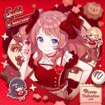  3girls ;d black_hair blonde_hair blue_eyes blush bow braid brown_hair character_name chibi chocolate closed_mouth commentary dot_nose food fujita_kotone gakuen_idolmaster green_eyes hair_bow hanami_saki heart-shaped_choaolte highres holding holding_chocolate holding_food idolmaster long_hair looking_at_viewer misuzu0342 multiple_girls one_eye_closed open_mouth red_background red_bow red_shirt shirt short_sleeves smile sparkle tsukimura_temari twin_braids untranslatable_commentary upper_body valentine 