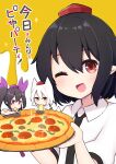  3girls animal_ear_fluff animal_ears black_hair black_necktie black_trim blush bow commentary_request cover cover_page detached_sleeves dot_nose double-parted_bangs eating food hair_between_eyes hair_bow hat highres himekaidou_hatate holding holding_tray inubashiri_momiji looking_at_viewer medium_hair multiple_girls necktie one_eye_closed open_mouth pepperoni pepperoni_pizza pizza pizza_crust pointy_ears puffy_short_sleeves puffy_sleeves purple_bow purple_eyes purple_hat red_eyes red_hat saisoku_no_yukkuri shameimaru_aya shirt short_sleeves smile solo_focus sparkle swept_bangs tail tokin_hat touhou translation_request tray twintails two-tone_background upper_body v-shaped_eyebrows white_background white_hair white_shirt wolf_ears wolf_girl wolf_tail yellow_background 