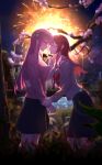  2girls absurdres aerial_fireworks black_skirt blue_eyes blurry blurry_background blush bocchi_the_rock! bow brown_sailor_collar brown_shoes cherry_blossoms closed_eyes commentary_request couple cube_hair_ornament depth_of_field fireworks from_side gotoh_hitori hair_ornament half-closed_eyes hand_on_another's_back hand_up highres holding_another's_wrist imminent_kiss jacket kiliza kita_ikuyo long_hair long_sleeves multiple_girls one_side_up parted_lips pink_hair pink_jacket pleated_skirt red_bow red_hair sailor_collar school_uniform serafuku shoes shuka_high_school_uniform skirt standing straight_hair track_jacket yuri 
