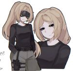  1girl black_eyes black_shirt blindfold_mask blonde_hair covered_eyes crew_neck grey_pants hand_in_pocket long_hair looking_at_viewer mask pants phaethonchan ponytail shirt smile solo trigger_(zenless_zone_zero) white_background zenless_zone_zero 