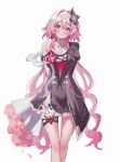  1girl absurdres arms_behind_back blush bouquet clothing_cutout collared_dress commentary_request dress earrings evernight_(honkai:_star_rail) flower hair_between_eyes hair_flower hair_ornament hairclip highres holding holding_bouquet honkai:_star_rail honkai_(series) jewelry layered_dress long_hair march_7th_(honkai:_star_rail) multicolored_eyes official_alternate_eye_color parallel_hairclips pink_hair rumi_(xafv5772) sidelocks single_bare_shoulder single_earring smile thigh_strap two-tone_eyes very_long_hair 