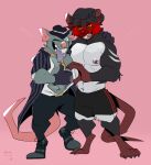 2026 anthro arm_over_shoulder beanie biceps black_body black_fur blue_eyes buckteeth claws clothed clothing crime_city_twitch duo footwear fur gesture gloves green_body green_fur grin hand_gesture handwear happy hat headgear headwear heart_gesture hi_res league_of_legends looking_at_viewer male mammal mischievous_smile murid murine muscular muscular_male necktie nipple_piercing nipples one_eye_closed open_clothing open_mouth open_shirt open_smile open_topwear pecs piercing pink_background purple_tongue rat rat_tail rattykai red_sclera riot_games rodent shirt simple_background size_difference smile smiling_at_viewer standing tail teeth tencent thumbs_up tongue topwear twitch_(lol) white_body white_fur yellow_eyes