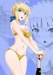  1girl ahoge animal_print artoria_pendragon_(fate) ass bare_shoulders bikini blonde_hair breasts club_(weapon) commentary_request demon_horns fate/grand_order fate_(series) green_eyes highres hip_bones holding holding_weapon horns medium_breasts navel open_mouth saber_(fate) shirotsumekusa sidelocks solo spiked_club swimsuit thigh_gap thighs type-moon weapon zoom_layer 