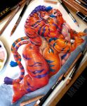 anal anthro balls barazoku biceps big_top bite blue_hair blue_stripes blush bodily_fluids color_pencils deltoids dominant dominant_anthro dominant_male dominant_top duo eyes_closed felid finger_in_mouth from_behind_position genitals glistening glistening_body glutes hair hi_res holding_throat looking_pleasured lying male male/male mammal marker_(artwork) mrkun muscular muscular_anthro muscular_male neck_bite oiled_body on_front painting_(artwork) pantherine pecs penetration penile penile_penetration penis plantigrade prone_bone_position purple_hair purple_stripes sex sex_on_bed speed_bump_position stripes submissive submissive_anthro submissive_male sweat teeth teeth_showing tiger traditional_media_(artwork) trapezius v-cut watercolor_(artwork)