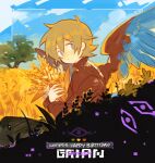  1boy ahoge animification bird_boy bird_wings birthday black_pants blue_eyes brown_hair cloud commentary english_commentary english_text evolution_smp flipped_hair gameplay_mechanics grian_(youtuber) happy_birthday holding_wheat life_heart_(traffic_life) looking_to_the_side luminous_slime male_focus minecraft_youtube outdoors pants parrot_boy red_sweater short_hair sky solo sweater traffic_life_series tree turtleneck turtleneck_sweater watcher_(evolution_smp) wheat wings 