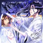  black_hair bleach bleach:_epilogue bleach:_sennen_kessen-hen blue_eyes commentary dated english_commentary hair_between_eyes hakka_no_togame_(bankai) haori holding holding_sword holding_weapon japanese_clothes kuchiki_rukia long_hair monster_art_(rlawnsgr7) multiple_persona official_alternate_hair_length official_alternate_hairstyle procreate_(medium) purple_eyes purple_hair sample_watermark side_ponytail signature sode_no_shirayuki_(shikai) sword taichou_haori watermark weapon white_hair white_haori wide_sleeves 