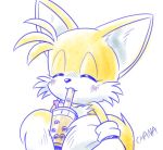  2_tails beverage blush bubble_tea canid canine drinking fox hands-free_bubble_tea mammal meme miles_prower multi_tail parody sonic_(series) tailchana 