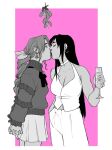  2girls aerith_gainsborough arms_behind_back bare_shoulders bell black_hair border braid braided_ponytail breasts champagne_flute choker christmas_tree_earrings cleavage closed_eyes cowboy_shot cup drinking_glass earrings final_fantasy final_fantasy_vii fingernails hair_ribbon hand_in_pocket hashtag-only_commentary highres holding holding_cup hoop_earrings jewelry kaciart kiss large_breasts long_fingernails medium_breasts midriff_peek miniskirt mistletoe monochrome multiple_girls navel neck_bell neck_ribbon own_hands_clasped own_hands_together pants parted_bangs pink_background pleated_skirt ribbon sidelocks single_braid skirt sweater tifa_lockhart vest white_border white_choker white_pants white_vest yuri 