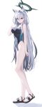  1girl absurdres black_halo black_sandals blue_archive blue_eyes breasts closed_mouth commentary_request competition_swimsuit covered_navel cross_hair_ornament full_body grey_hair hair_between_eyes hair_ornament halo highleg highres kanzi legs long_hair looking_at_viewer mismatched_pupils one-piece_swimsuit sandals shiroko_terror_(blue_archive) simple_background solo standing swimsuit thighs toes white_background 