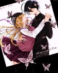  1boy 1girl akamatsu_kaede bilingual_text black_border black_hair black_jacket black_pants blonde_hair blood blood_from_mouth blush border breasts brown_necktie bug butterfly butterfly_on_head buttons character_name closed_mouth collared_shirt commentary_request corpse danganronpa_(series) danganronpa_v3:_killing_harmony double-breasted english_text fingernails floating_clothes gakuran gomabu_(rirurutennsi) hair_between_eyes hair_over_eyes hand_on_another's_back happy head_tilt hetero holding_hands jacket layered_sleeves long_hair long_hair_between_eyes long_sleeves looking_at_another miniskirt mixed-language_text musical_note musical_note_print musical_staff necktie noose open_mouth pants pink_blood pink_vest pinstripe_jacket pinstripe_pants pinstripe_pattern pleated_skirt pocket pointy_nose print_skirt purple_skirt saihara_shuichi school_uniform shadow shirt short_hair skirt smile spoilers sweater_vest undershirt v-neck very_long_hair vest white_background white_butterfly white_shirt yellow_eyes 