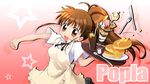  apron brown_eyes brown_hair food fork highres knife long_hair manami_tatsuya pancake parfait ponytail solo spoon taneshima_popura tray waitress working!! 