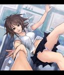  arm arm_grab black_eyes brown_hair building copyright_request falling from_above holding legs letterboxed midair navel out_of_frame panties parted_lips pov pov_hands school_uniform short_hair skirt solo_focus underwear white_panties yuuji_(and) 