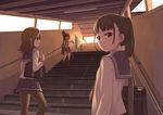  bag black_legwear brown_eyes brown_hair hallway instrument_case looking_back multiple_girls original pantyhose ponytail school_uniform serafuku short_hair stairs sunset terumii 