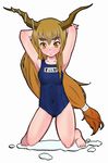  bow brown_eyes eyebrows hair_bow highres horns ibuki_suika long_hair name_tag one-piece_swimsuit orange_hair school_swimsuit shimuro_(mentsukidou) solo swimsuit touhou 