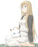  alicia_florence aria aria_pokoteng bad_id bad_pixiv_id barefoot blonde_hair blue_eyes cat face feet glasses highres long_hair oda_masaki_(b-minor) sitting smile solo wariza 