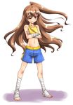  aisaka_taiga ankle_wrap bandages barefoot brown_eyes brown_hair cosplay crossed_arms eyepatch long_hair midriff nikyu sagat sagat_(cosplay) solo sports_bra street_fighter toradora! wrist_wrap 