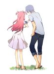  1girl angel_beats! baby beniko blue_hair carrying casual couple dress family from_behind good_end hetero hinata_(angel_beats!) if_they_mated long_hair pink_hair sandals short_hair spoilers sundress yui_(angel_beats!) 
