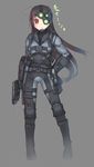  arima_senne bad_id bad_pixiv_id bodysuit boots brown_hair chin_strap contrapposto full_body gun hand_on_hip handgun harness holster kashiwamochi_yomogi knee_pads laser_sight long_hair looking_at_viewer night_vision_device original pistol red_eyes red_hair simple_background smile solo splinter_cell standing thigh_holster translated weapon 