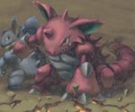  brown_eyes claws closed_mouth crack cracked_floor gen_1_pokemon horns looking_back mijinko_(barabadge) nidoking nidoqueen no_humans open_mouth outstretched_arm pokemon pokemon_(creature) protecting standing 