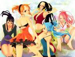  armpits black_hair blue_eyes blue_hair boa_hancock breasts brown_eyes cleavage earrings himerinco jewelry jewelry_bonney long_hair medium_breasts midriff multiple_girls nami_(one_piece) nefertari_vivi nico_robin one_eye_closed one_piece orange_hair pink_hair ponytail short_hair 