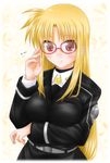  bespectacled blonde_hair fate_testarossa glasses long_hair lyrical_nanoha mahou_shoujo_lyrical_nanoha_strikers military military_uniform red_eyes shinozuki_takumi solo tsab_executive_military_uniform uniform very_long_hair 