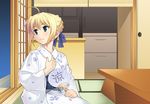  ahoge artoria_pendragon_(all) azu blonde_hair fan fate/stay_night fate_(series) green_eyes japanese_clothes kimono paper_fan saber shouji sliding_doors solo tatami uchiwa yukata 