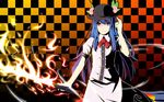  blue_hair checkered checkered_background fire food fruit gayprince hat highres hinanawi_tenshi long_hair peach solo sword sword_of_hisou touhou weapon 