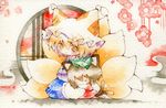  animal_ears cat_ears cat_tail chen chibi flower fox_tail haneo_(hao) happy hat hug multiple_girls multiple_tails no_nose sitting tail touhou traditional_media watercolor_(medium) yakumo_ran 