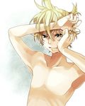  aqua_eyes blonde_hair highres kagamine_len male_focus nail_polish shirtless solo tears vocaloid yamako_(state_of_children) yellow_nails 