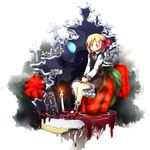 :o angel_wings blonde_hair blood bone cake candle cheesecake chinese_lantern_(plant) cross darkness ex-rumia fangs food fruit glowing glowing_eyes leaf mary_janes mini_wings moon murani red_eyes ribbon rumia shadow shoes sign silhouette skirt solo sword touhou weapon wings 