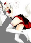  animal_ears bad_id bad_pixiv_id blush detached_sleeves hat highres inubashiri_momiji short_hair solo tail thighhighs tokin_hat touhou white_hair wolf_ears wolf_tail yutazou 