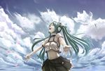  aqua_hair bare_shoulders cherry_blossoms closed_eyes cloud day hands happy hatsune_miku headphones long_hair midriff music navel open_mouth outstretched_arms outstretched_hand petals shiokonbu singing skirt sky smile solo twintails very_long_hair vocaloid 